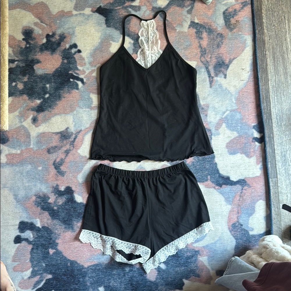 NWOT Elegant Black Lace Trim Sleepwear Set
